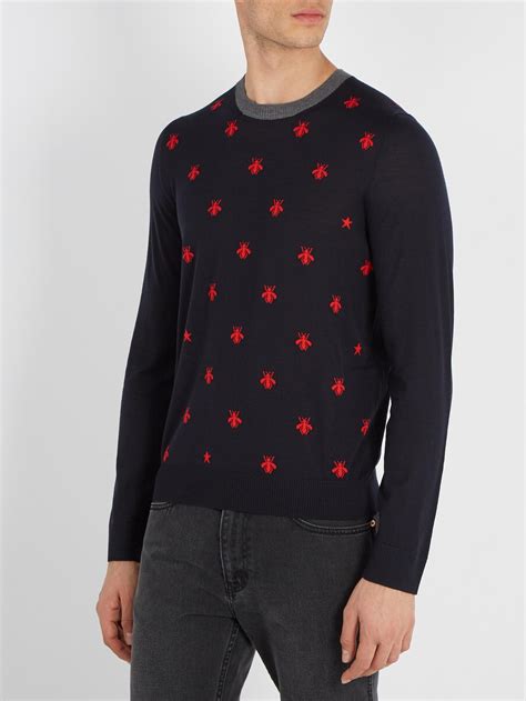 gucci blue cat faces sweater|gucci bee embroidered sweater.